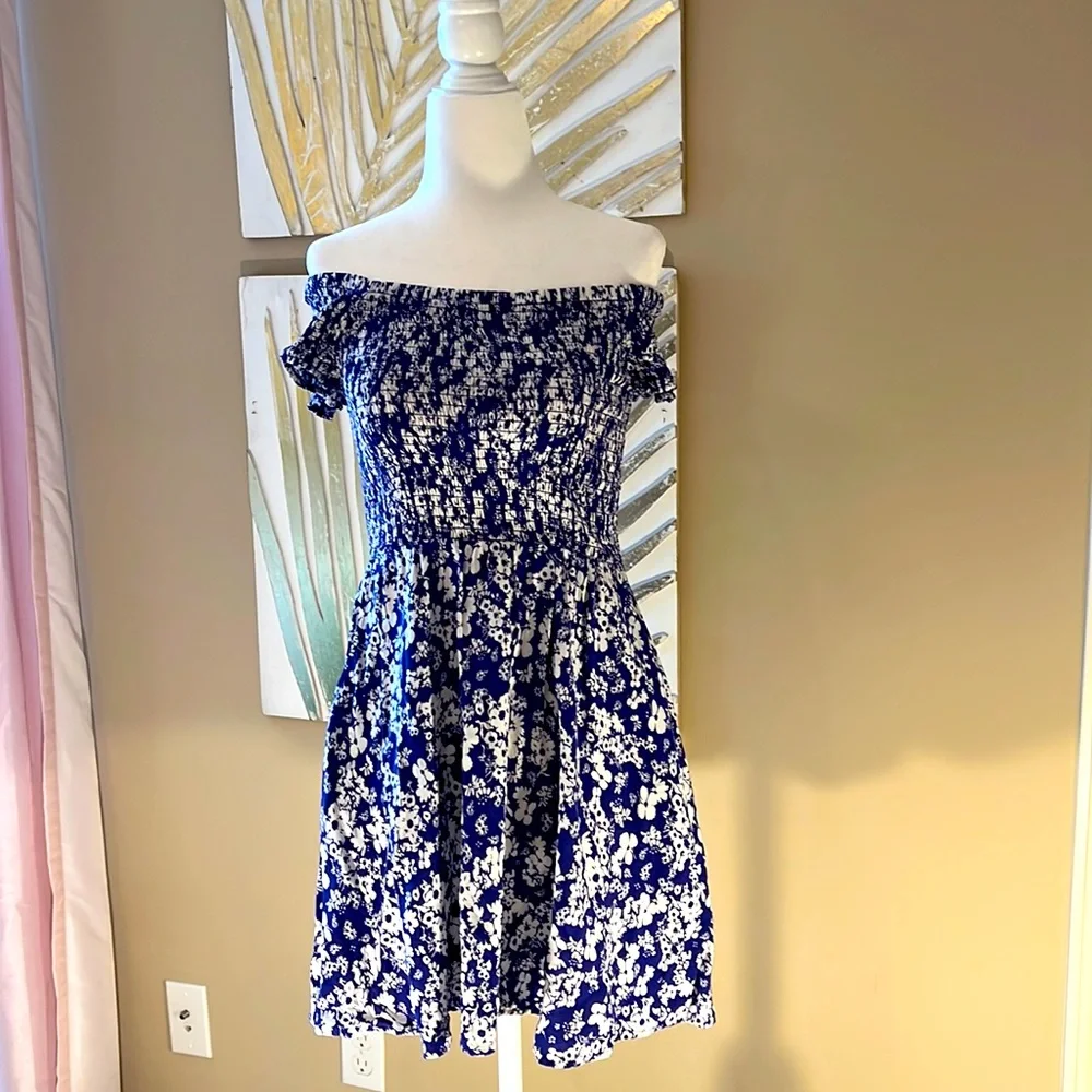 Express Blue and White Floral Off the Shoulder Dress - Picture 1 of 9